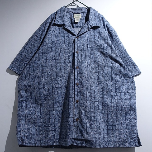 00s "L.L.Bean" Blue Native Pattern Design Cotton Open-Collar Shirt