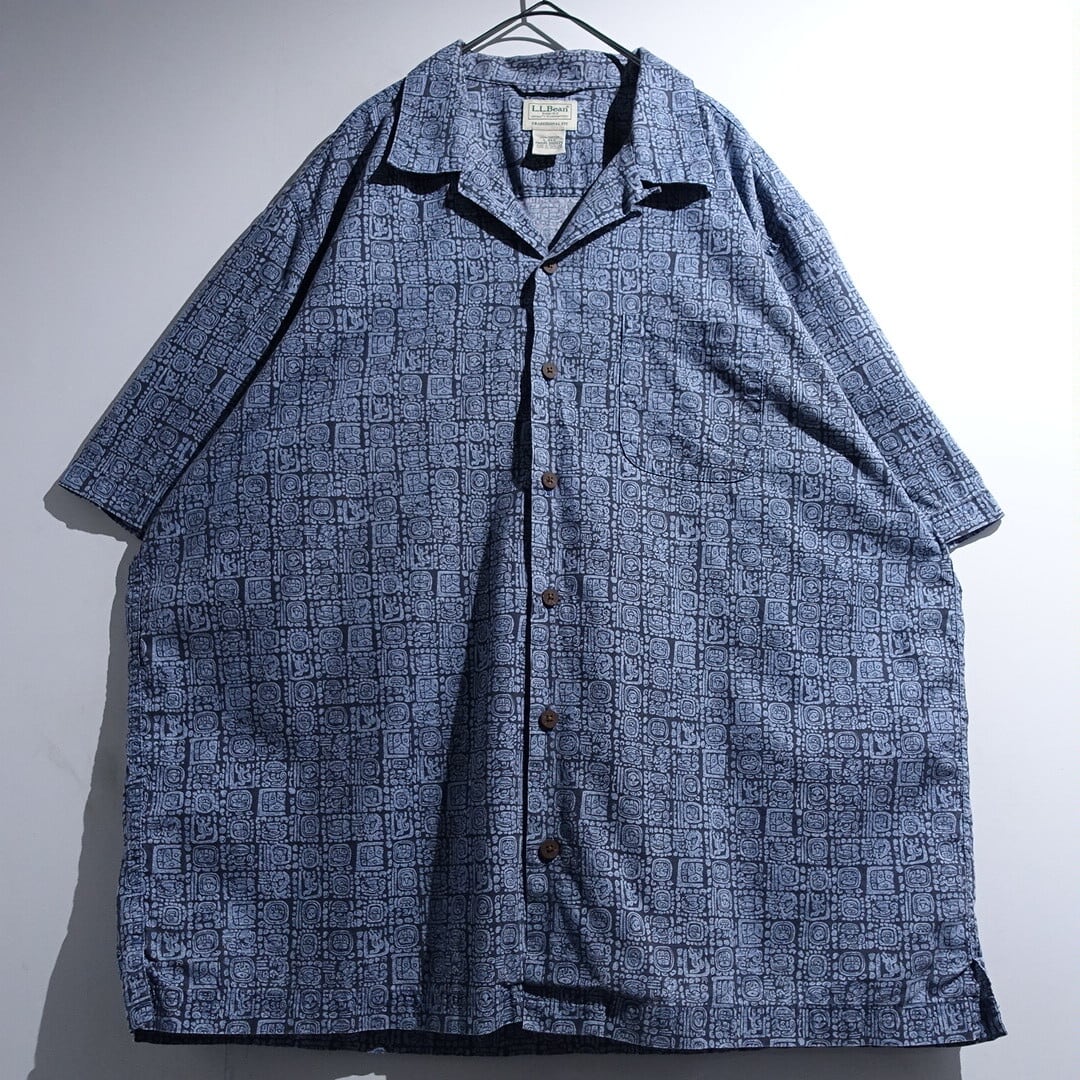 00s "L.L.Bean" Blue Native Pattern Design Cotton Open-Collar Shirt