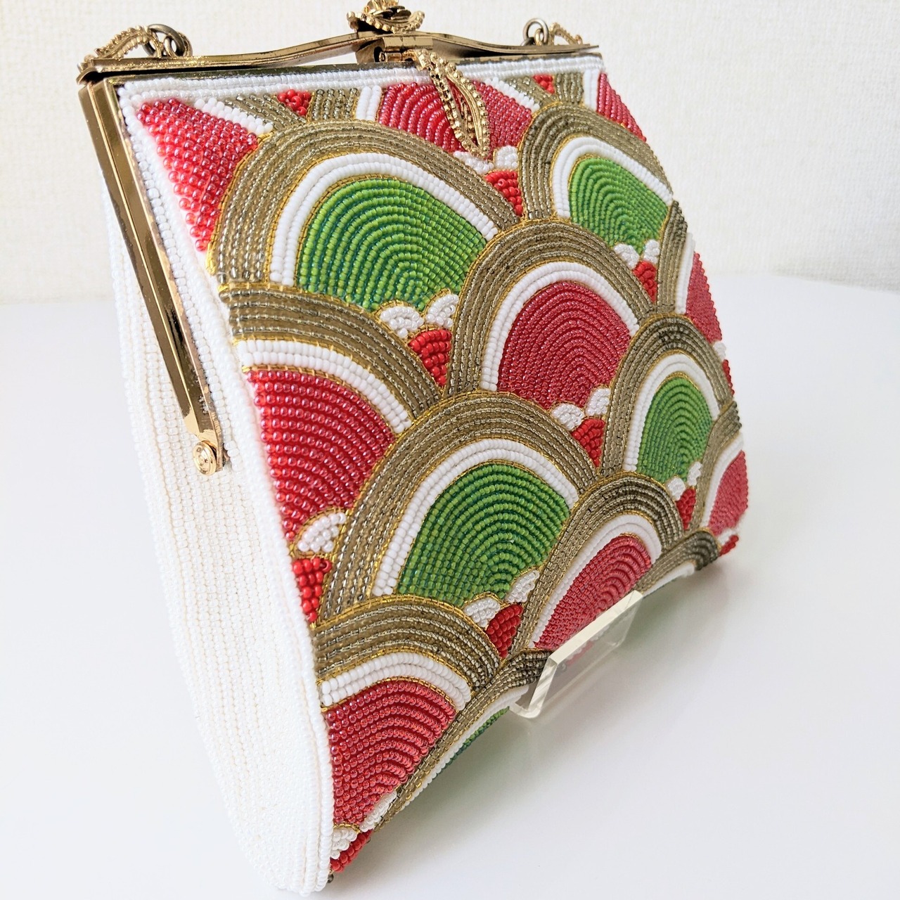 Vintage】ビーズ刺繍バッグ 青海波文様 赤×緑×金 Vintage Beaded Bag 