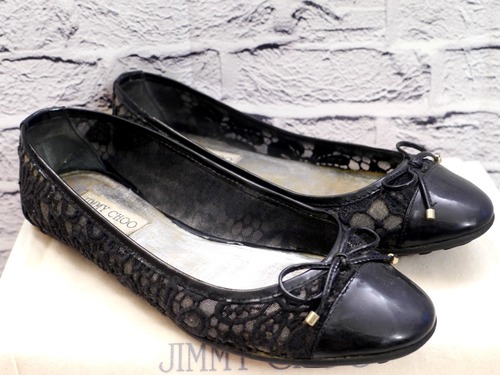 レア★JIMMY CHOO ジミーチュウ レース刺繍 リボン デザイン パテントレザー フラット パンプス バレエシューズ 黒★ 定番グリッターライン