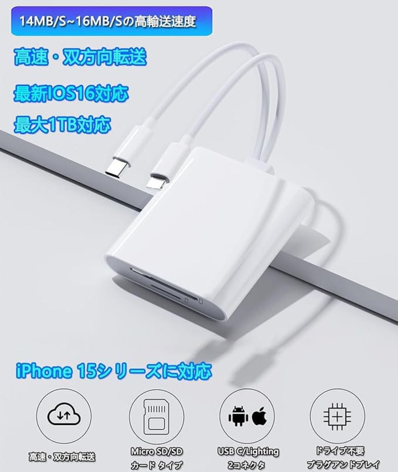 SDリーダー 2in1 i-Phone/Type-c TF SD microSD 変換アダプタ 最大1TB対応 Micro SD/SDカード両対応 写真/ビデオ USB3.0 双方向 高速伝送 SD アダプタ メモリカードリーダー TF SDカード 変換アダプタ 0TG機能 設定不要 i-phone/i-pad/IOS/Windows/Android最新IOS26