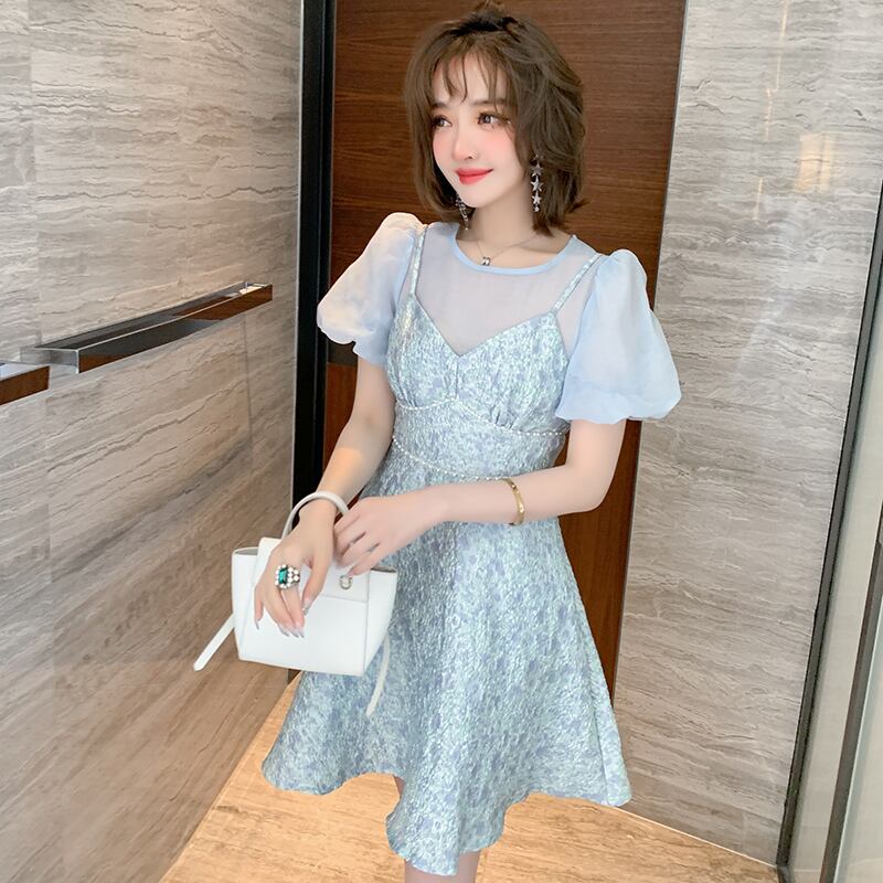 スリーブラウンドネックトップス プリーツジャカードドレス サマー 大人ガーリー スウィート キュート カジュアル 夏物 Oネック MIUCO98851970567