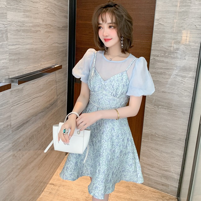 スリーブラウンドネックトップス プリーツジャカードドレス サマー 大人ガーリー スウィート キュート カジュアル 夏物 Oネック MIUCO98851970567