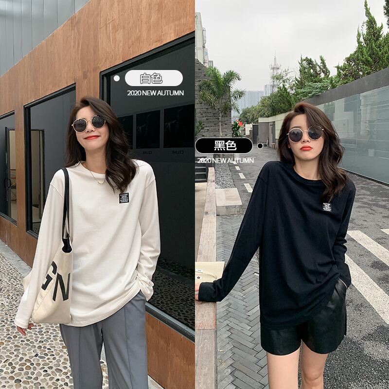 スプリングラウンドネックルーズ長袖スリーブホワイトTシャツ レディース ロング 春物 Oネック HUCHUJING63157452450