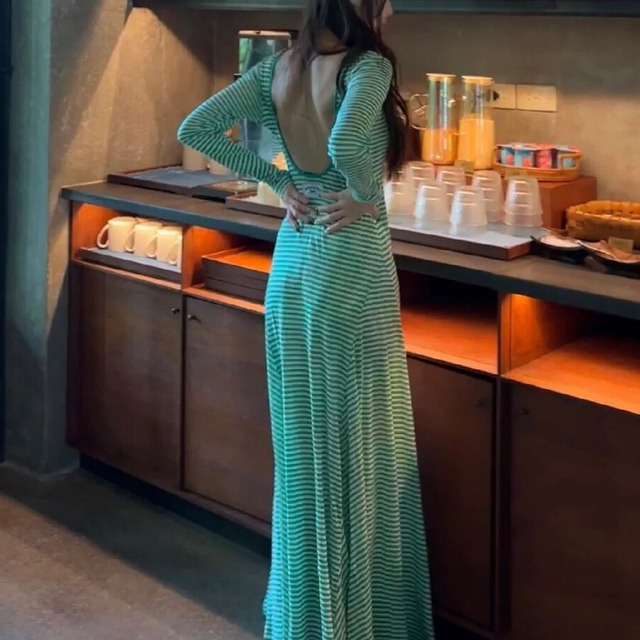green striped backless long sleeve dress<d3094>