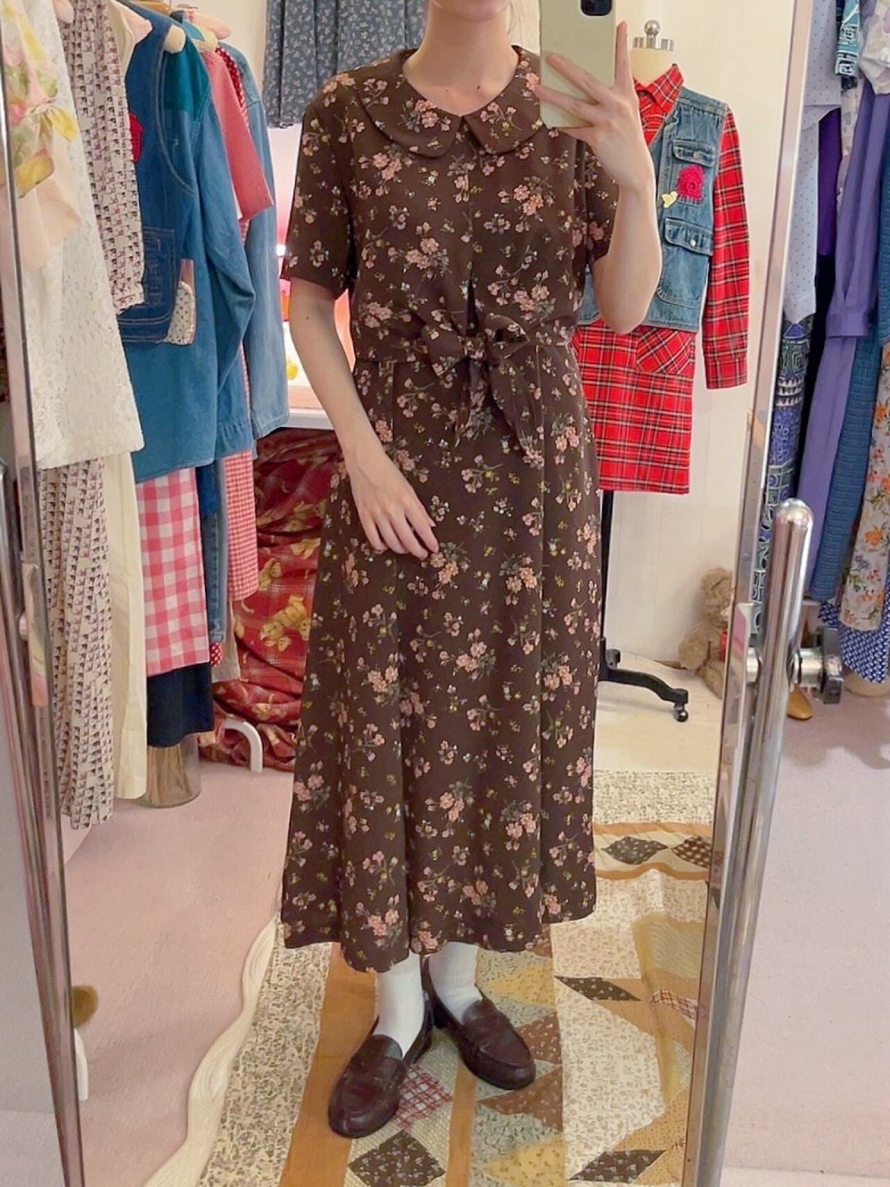 brown flower waist ribbon one-piece