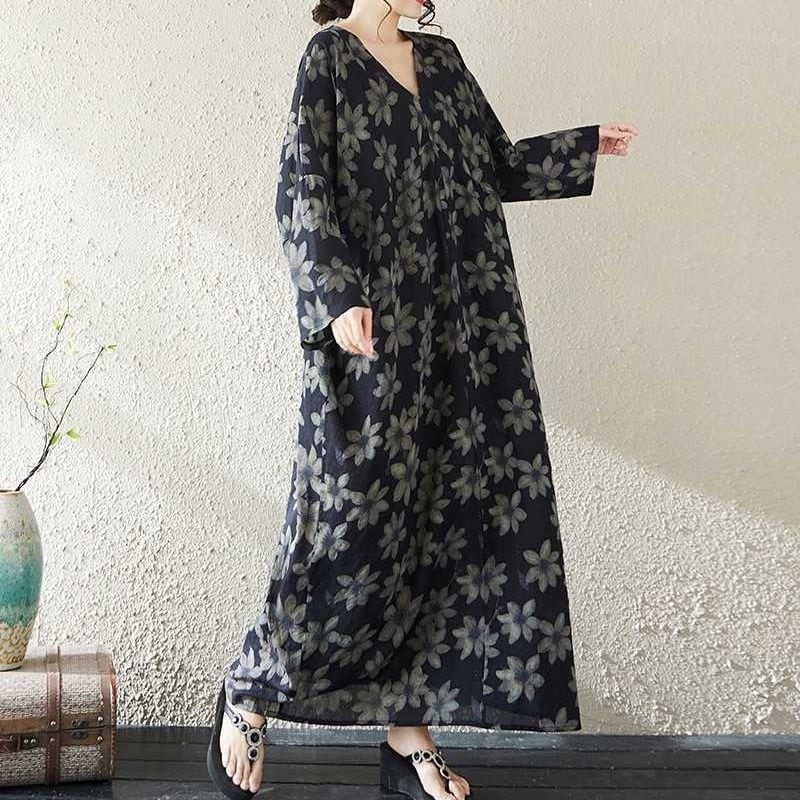 FLOWER PRINT V-NECK MAXI PULLOVER DRESS 1color M-16030