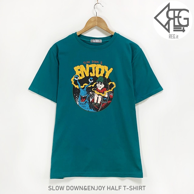 【REGIT】【即納】3COLOR SLOW DOWN&ENJOY HALF T-SHIRT S/S 韓国服 トップス Ｔシャツ 半袖 夏 イラスト入り カタツムリ カジュアル 10代 20代 プチプラ 着回し 着映え ネット通販 TPT011 S/S