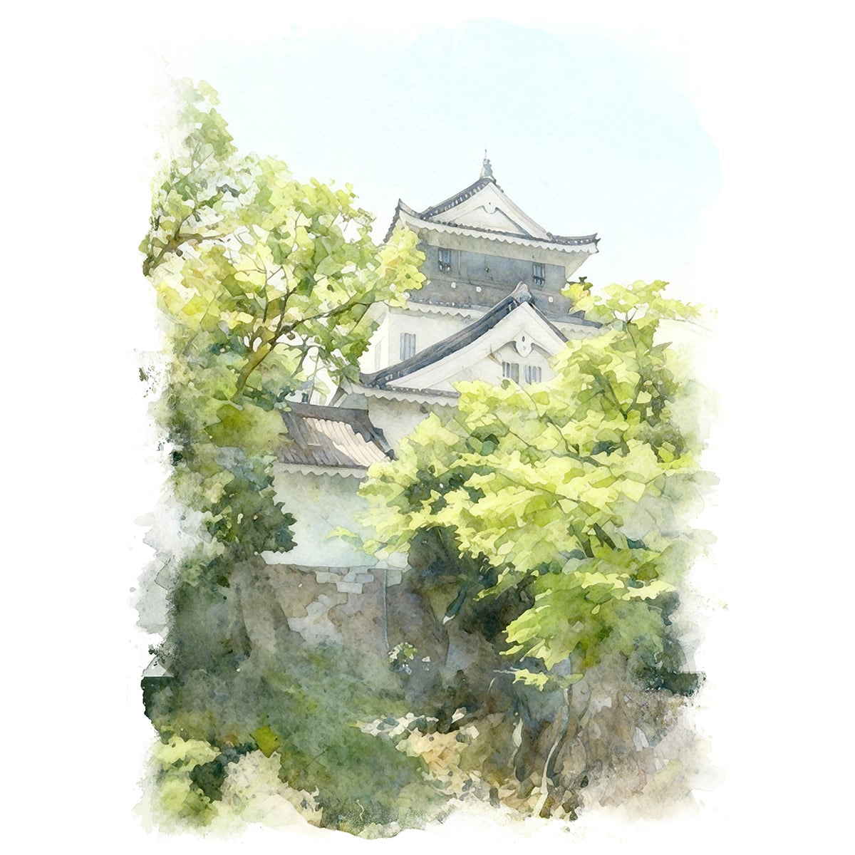 絵画 風景画 日本の 城 愛知県 岡崎城 インテリアアート額付き 水彩画風 WAT1672