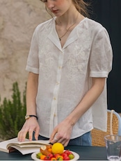 Blanc Vine Embroidery Linen Blouse F0772