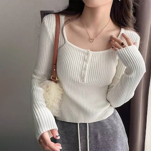 スクエアネック ニット 長袖 トップス レディース 春秋冬 韓国 リブニット セーター 大人 きれいめ シンプル カジュアル オフィス ストレッチ トップス 大人可愛い 大人女子