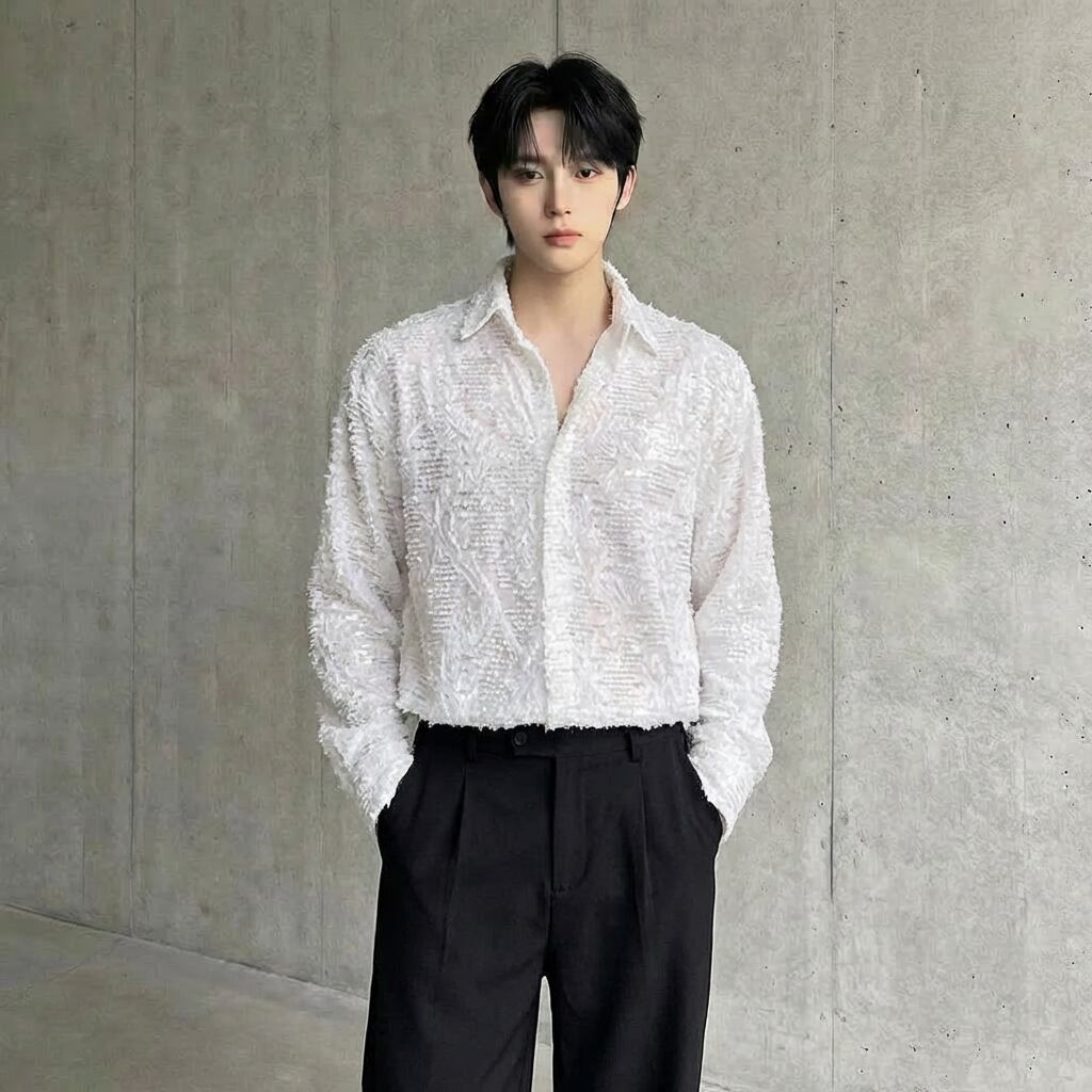 スパンコール刺繍 カジュアルシアーシャツ 2カラー D10746