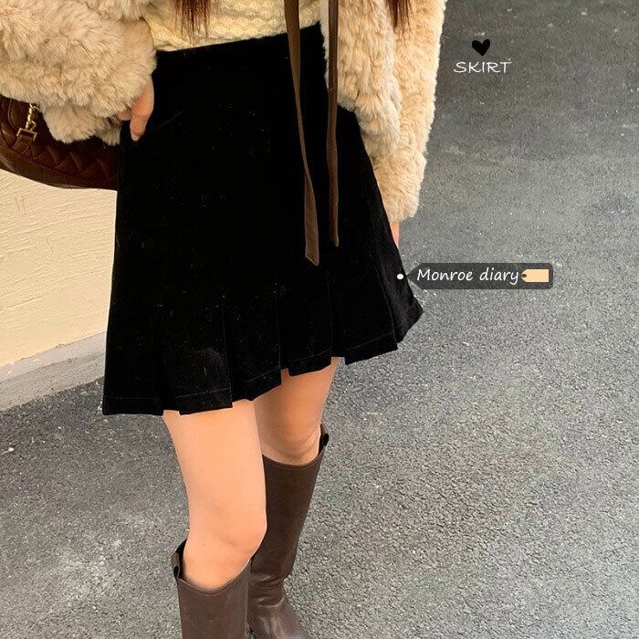 ブラックスカート オータムウィンターハイウェストウェストショートAラインプリーツ 秋物 冬物 モンロー45492753336