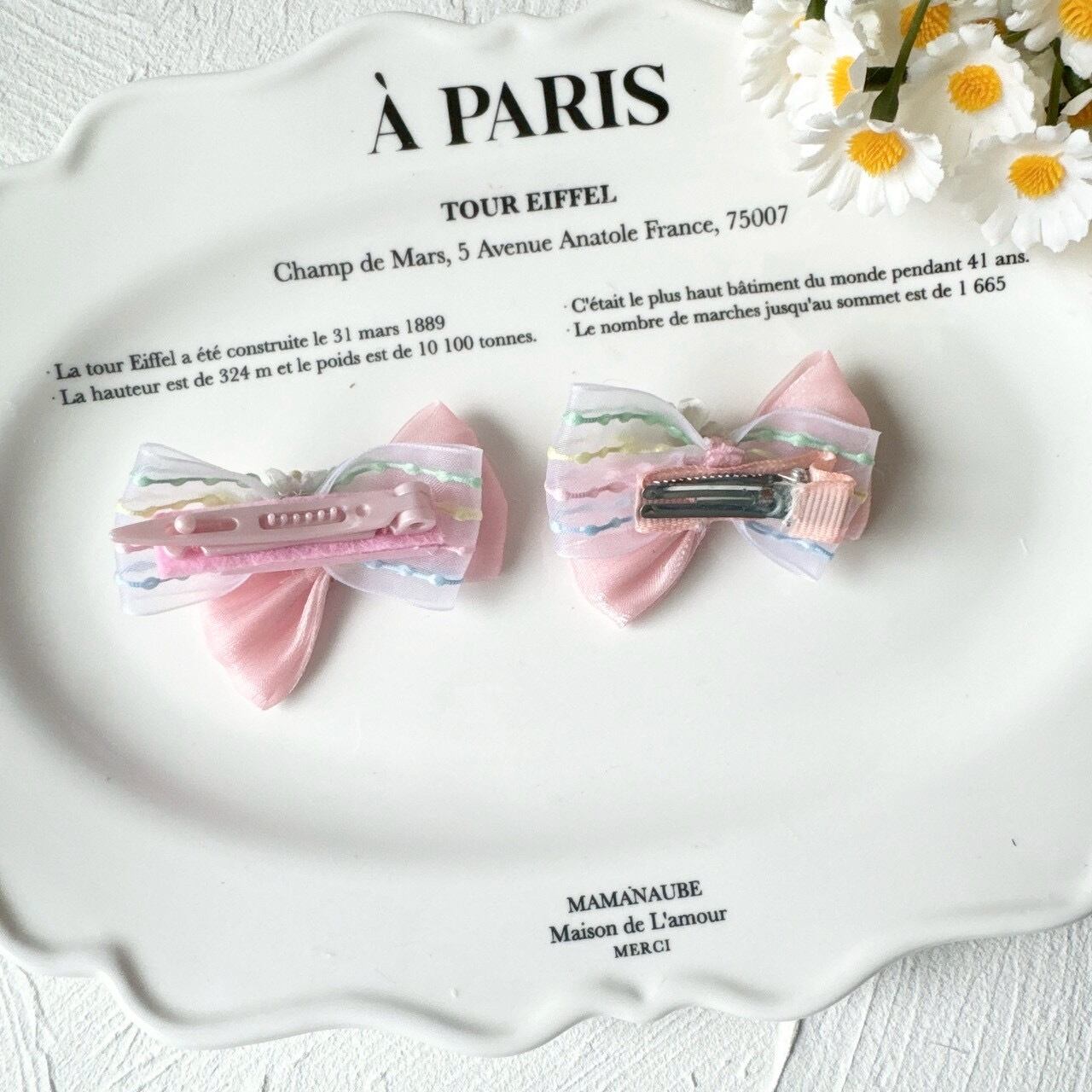 お花のストライプダブルリボンパッチン（バレッタ）