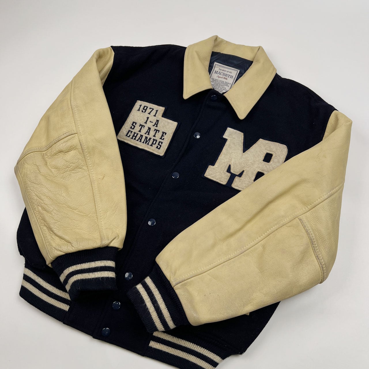 MACBETH マクベス 袖革スタジャン　AOYAMAモデル　90年代　Lサイズ 90s ビンテージ MACBETH マクベス レタードワッペン 袖革 レザー