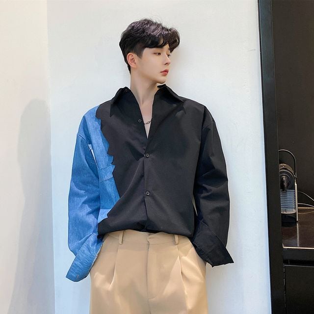 【予約販売】シャツ 長袖 半袖 メンズ オーバーサイズ 異素材 デニム ブラック ホワイト モノトーン カジュアル シンプル こなれ感 お洒落 韓国 トレンド 春 夏 秋 M/L/XL