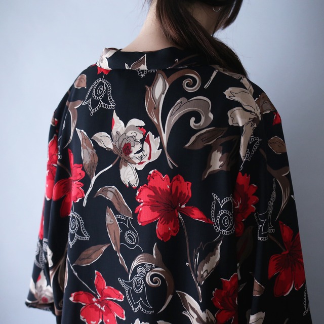 beautiful flower art pattern loose box silhouette open collar shirt