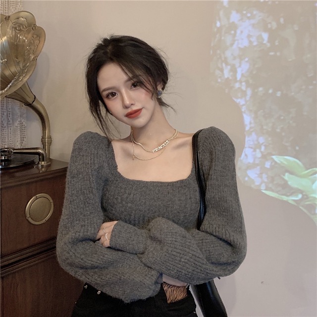 デザインニット レディース 送料無料 3色 リブニット トップス ニット トラペーズネック  スクエアネック ニット スリット セーター 長袖 パフスリーブ ランタンスリーブ 切り替えデザイン リブ 大人可愛い きれいめ 上品 モード系 エレガント グレー 高見え 格上げ インスタ映え 春 秋冬 大人 かわいい おしゃれ 普段使い デイリー お呼ばれ お出かけ デート オフィス 通勤 通学 旅行 パーティー 二次会 トレンド