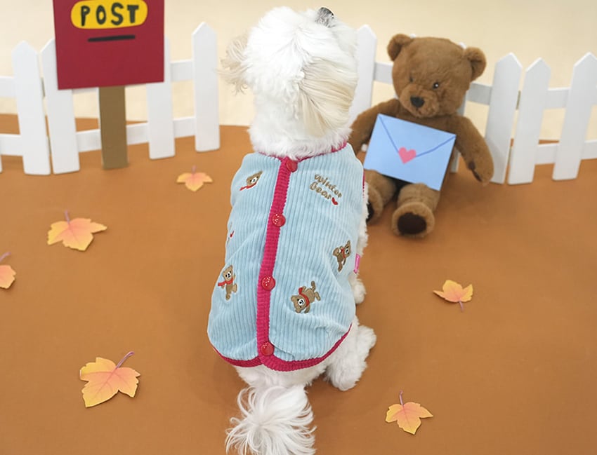 bear corduroy vest S ~ XL 2color / 犬服 秋冬 新作 コーデュロイ ベスト アウター ベロア 裏地 暖かい 可愛い 犬の服 トップス お揃い ドッグウェア