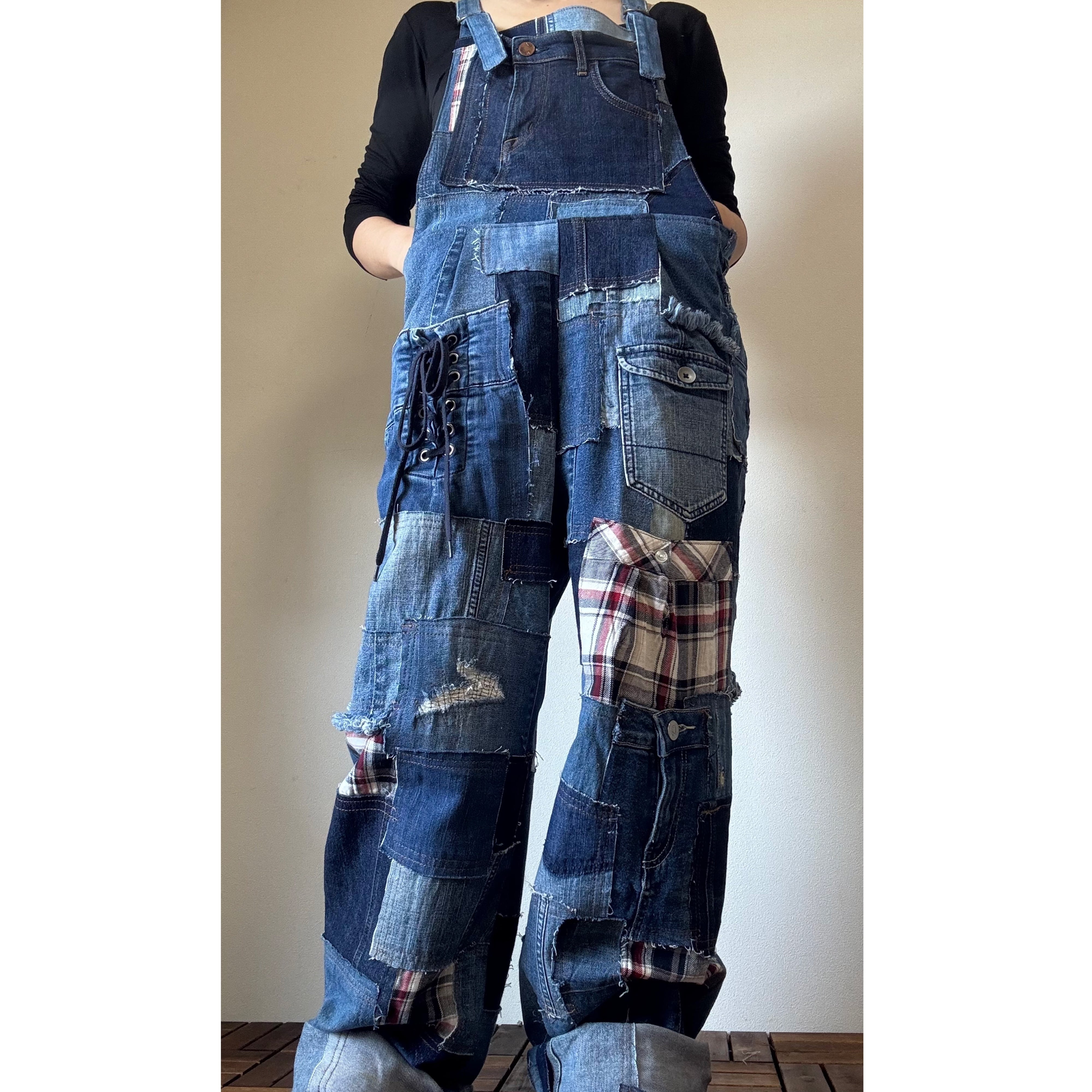 No.020 古着リメイク オーバーオール リメイクデニム チェック柄