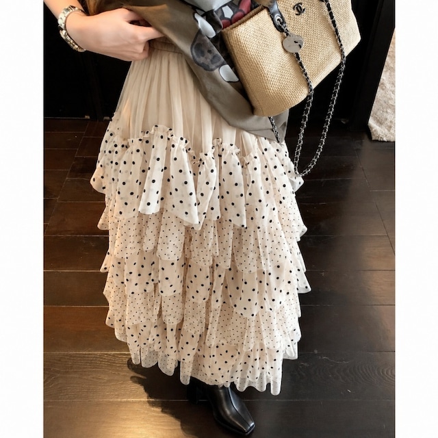 Flocked dot tiered tulle skirt　B721
