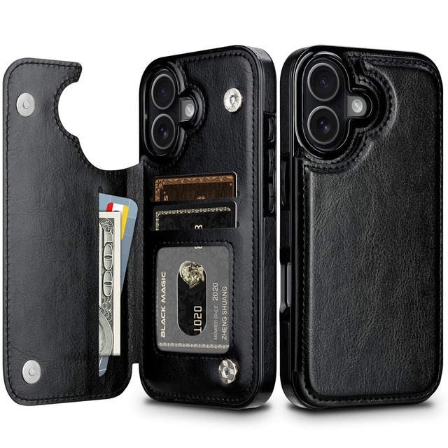 VOFOLEN for iPhone 17 ケース カード収納 背面 手帳型 いphone17 ケース カード入れ PUレザー スマホ 軽量 薄型 アイフォン 耐衝撃 落下防止 携帯スタンド機能 全面保護 iPhone 17カバー ブラック