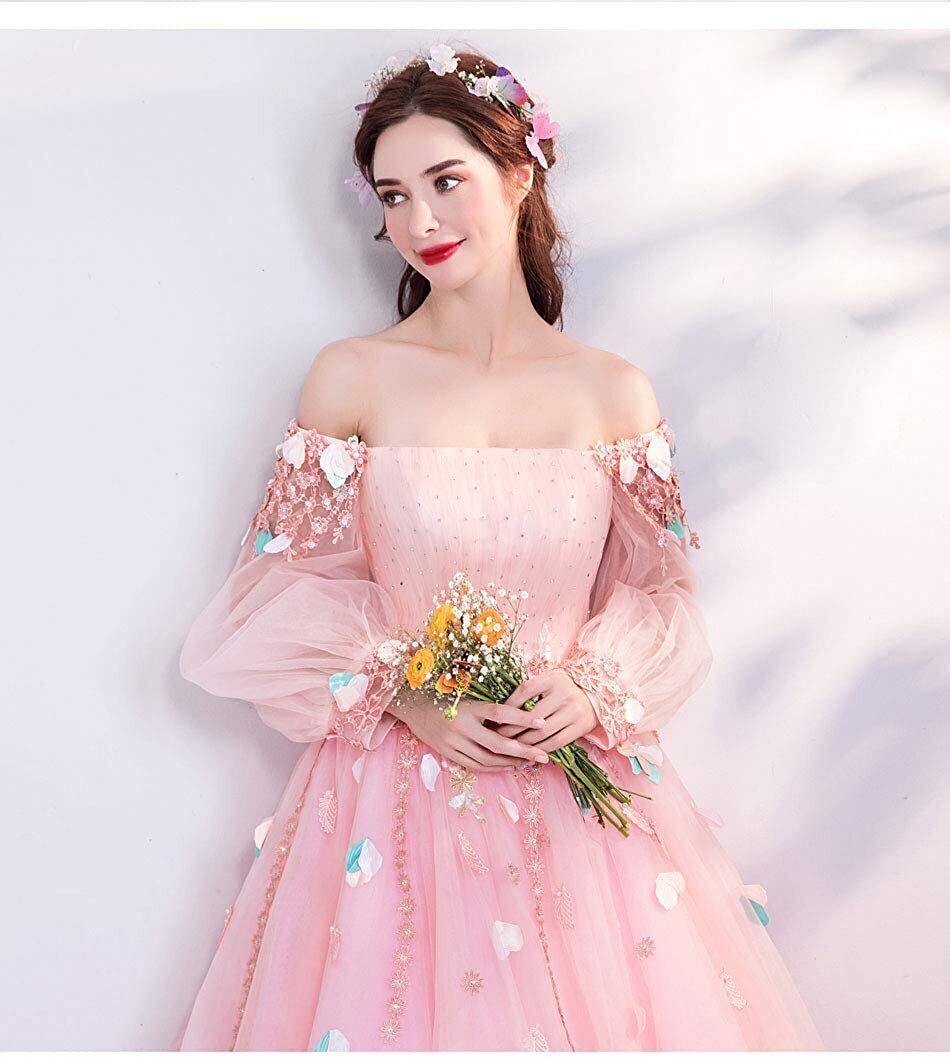 ドレス ふんわり カラードレス 肩出し マキシ丈 ワンピース 花付き