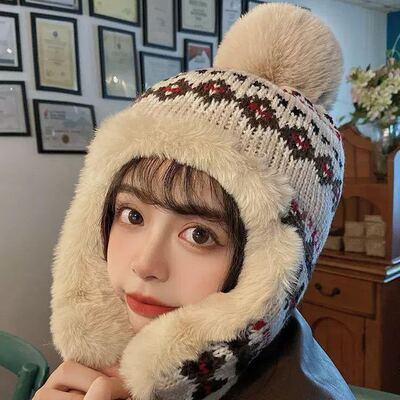 耳あて付きニット帽 レディース ボンボン付き 冬用フライトキャップ 雪柄デザイン 防寒帽子 4色展開