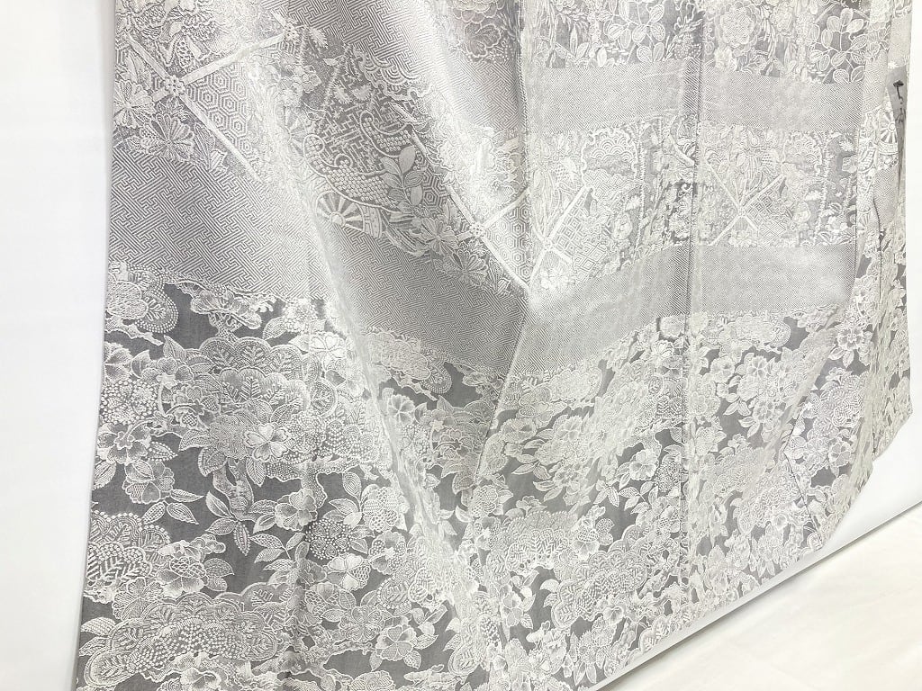 単衣】山岡古都 訪問着 染織美術品 御召し 天目織 花柄 正絹 白 黒