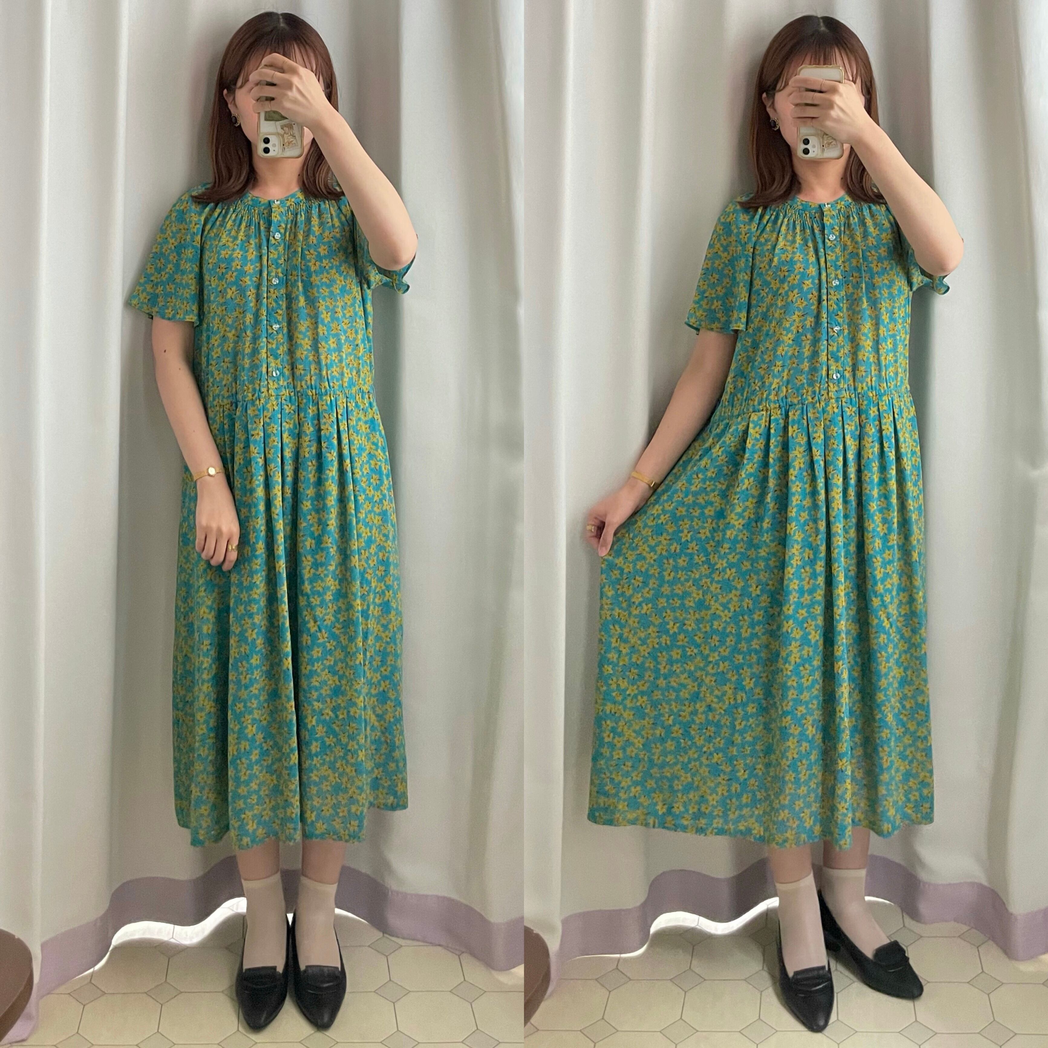 flare sleeve lily motif dress〈レトロ古着 フレアスリーブ 百合柄 ワンピース〉