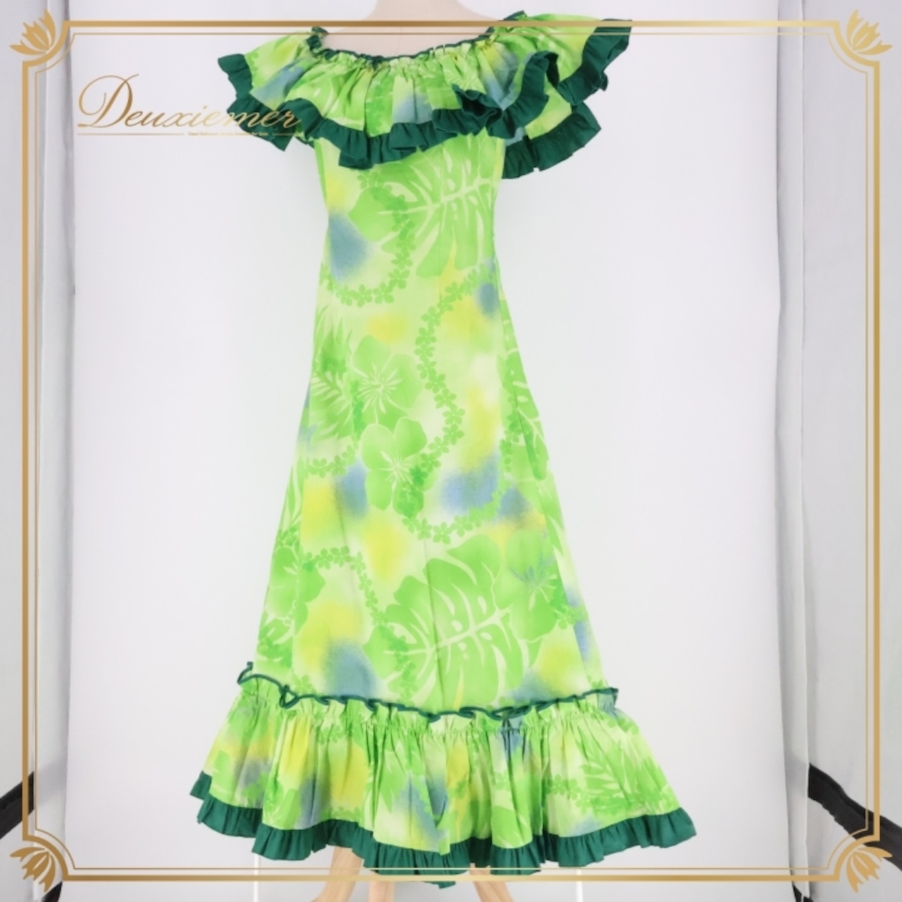 フラダンス 衣装 ワンピース ドレス パンドール グリーン系 Paondor 日本製 ハイビスカス柄 モンステラ柄 レイ柄 フリル ワントーン かわいい 華やか 鮮やか 明るい 緑 黄緑 ハワイアン アロハ ハワイアンプリント フラ ダンス レッスン 練習