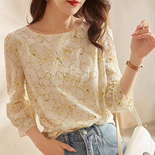 レディース トップス シャツ シフォンシャツ レースシャツ サマーウェア ラウンドネック プルオーバー ランタンスリーブ 七分袖 20代 30代 イエロー ピンク 花柄 春 夏 S M L XL 2XL 大きいサイズ ラージサイズ かわいい 可愛い 大人 大人っぽ 大人可愛い 大人女子 上品 きれいめ クール おしゃれ お洒落 女っぽ キュート フェミニン ガーリー ラフ ルーズ ゆったり 楽ちん 体型カバー ママコーデ カジュアル ファッション お出かけ デート ランチ 旅行 女子会 休日 送料無料