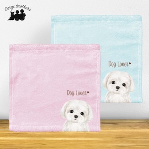 【 マルチーズ 水彩画風 毛色1色 】 タオルハンカチ ピンク&ブルー2枚セット 犬 うちの子 プレゼント