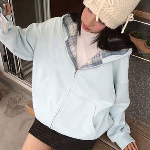ジップ パーカー レディース 秋冬 韓国 チェック柄 バイカラー フード付き レイヤード風 重ね着風 ドロップショルダー ゆったり スウェット ライトアウター 体型カバー 学生 カジュアル ストリート 通学 旅行 お出かけ 着回し [LW-CGT006]