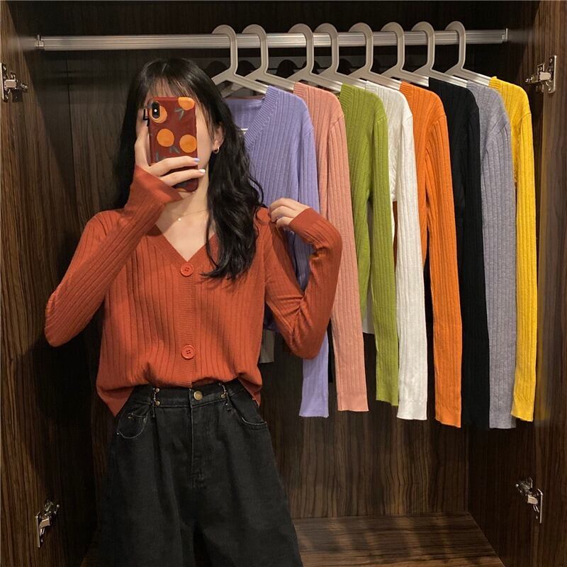 ニットセーター オータム薄手スタイルショートVネックストライプスリムカーディガンジャケット ロング 秋物 1号婦人80750164258