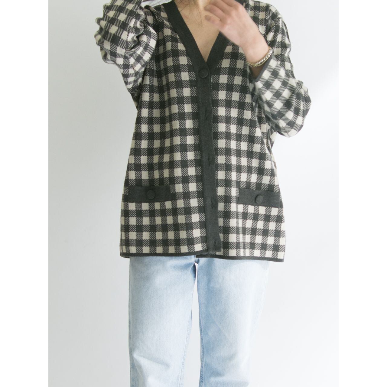 【Made in Italy】Oversized check pattern knit cardigan(イタリア製 オーバーサイズチェック柄ニットカーディガン)2b