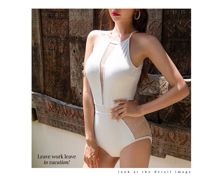 水着 ワンピース ホルターネック スリット シースルー ドット ハイ