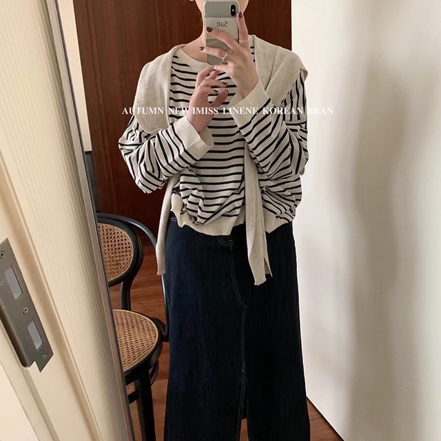 ストライプセーター トップス ラウンドネックプルオーバー ルーズ Oネック ビッグFスモールZ韓国44010268107