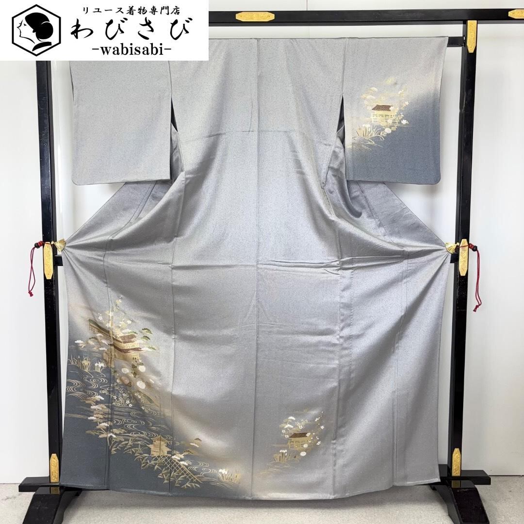 単衣 紬 小花に風景模様 絞り柄 灰紫色 しつけ糸 K-4606