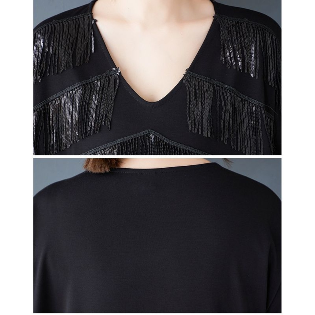 フリンジ装飾 Vネック ロングワンピース  30044