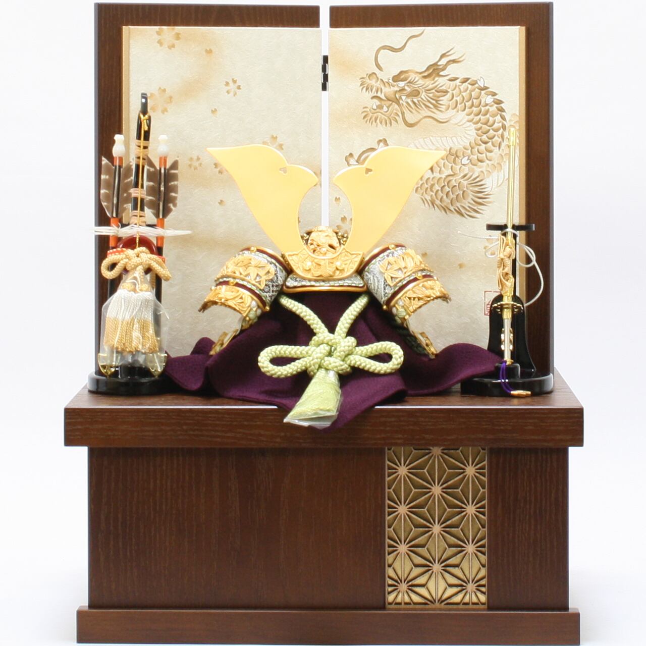 五月人形|コンパクト|おしゃれ|モダン|インテリア|プレミアム|こだわり|おすすめ|収納|《商品名》兜飾り 8号純金箔消 緑糸 竹雀 大鍬 上巻 収納タイプ【商品コード50808-8600 52213-2510 52408-0101】