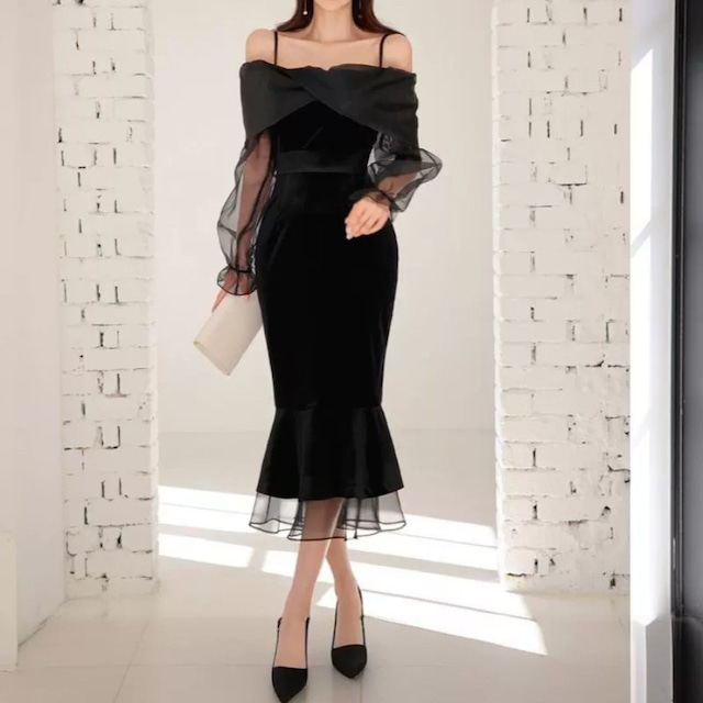 Off shoulder elegant mesh stitch slim mermaid dress