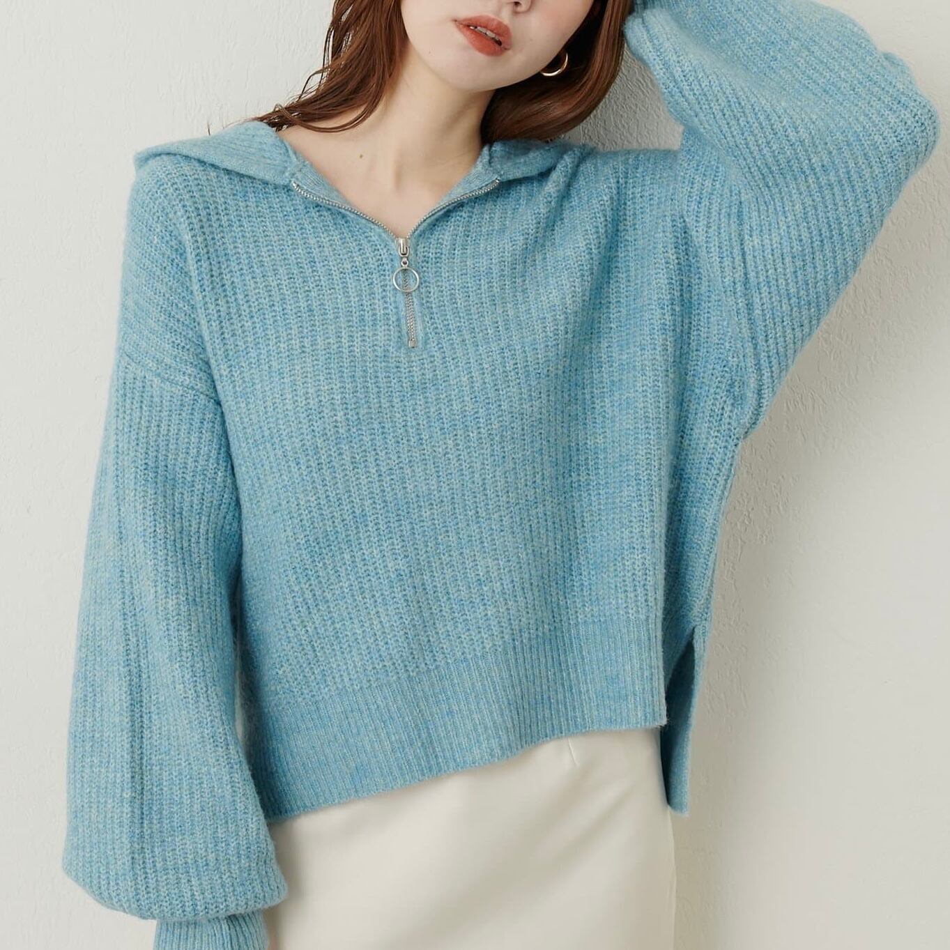 ハーフZIP片畦フードニット　ベージュ