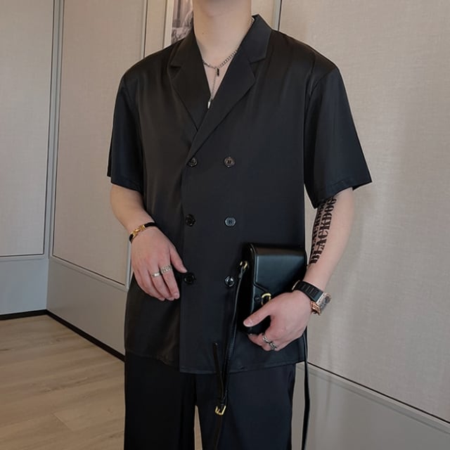 予約販売】メンズ セットアップ 上下 パンツ 半袖シャツ サテン 無地