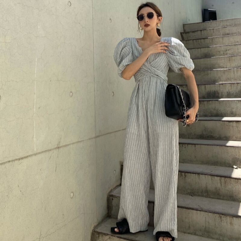 サマースタイルスタンダードルーズストライプスリーブシャツ ハイウェストウェストジャンプスーツ オールインワン レディース レトロ 夏物 YY-ファッション5960614818
