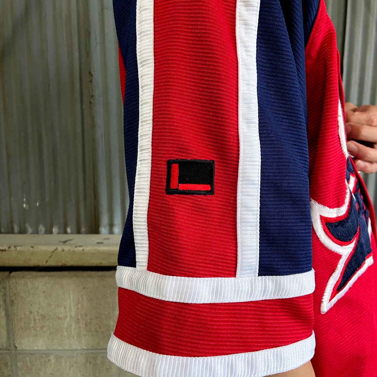 FUBU フブ ロゴワッペン ベースボールシャツ メンズL 古着 レッド 赤色