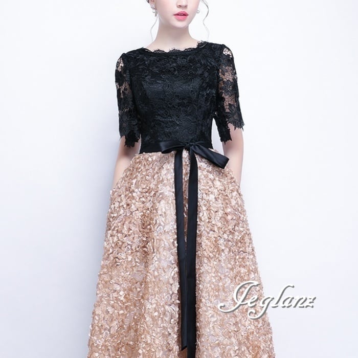 パーティ イブニングドレス 透け感 異素材 レース 配色 リボン 5分袖 ♪(M8464)ζ