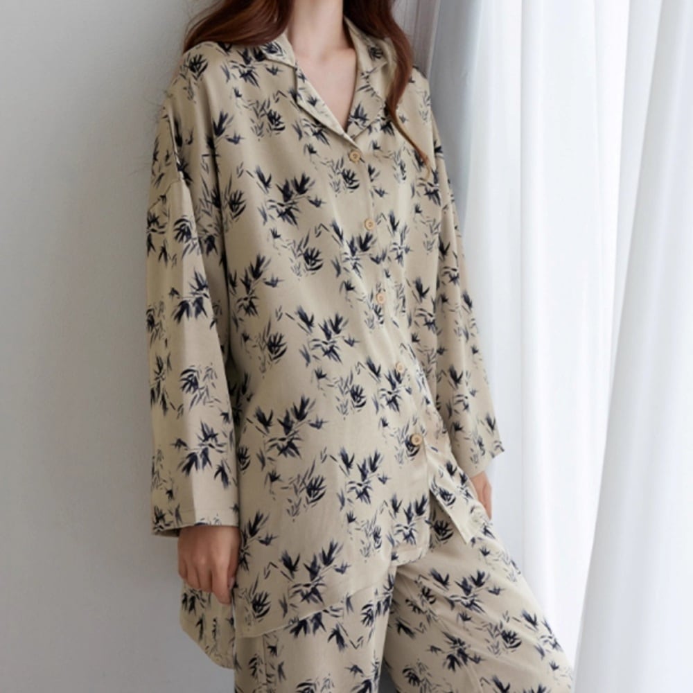 訳ありSALE【M-XL】botanical pattern long sleeve cardigan style pajamas p1491