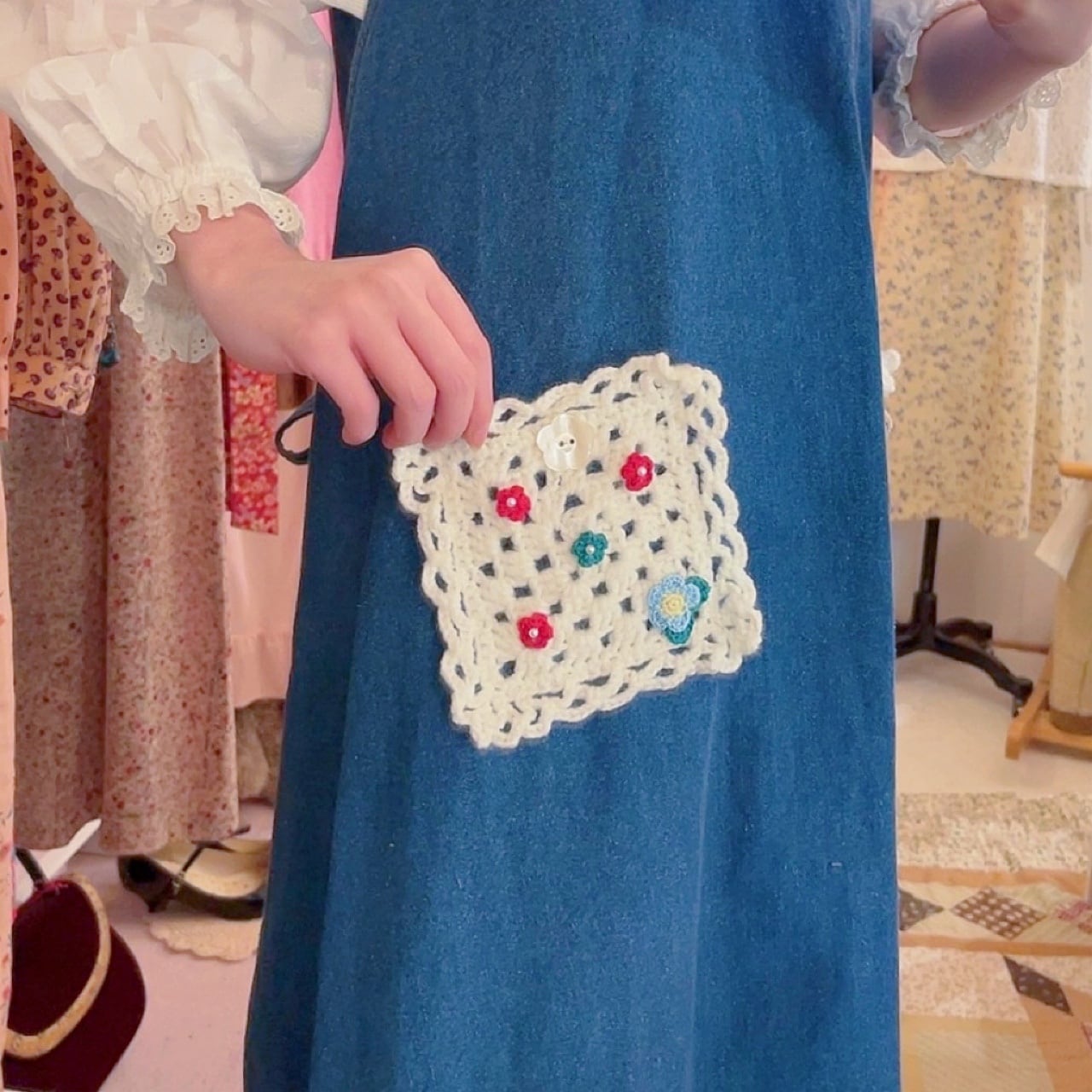 remake ✂︎ blue ribbon frill pocket jumper skirt