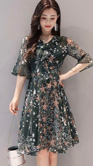 ★★送料無料★細身9号★プリントが美しい半袖フレア－ワンピ(OPN3302)